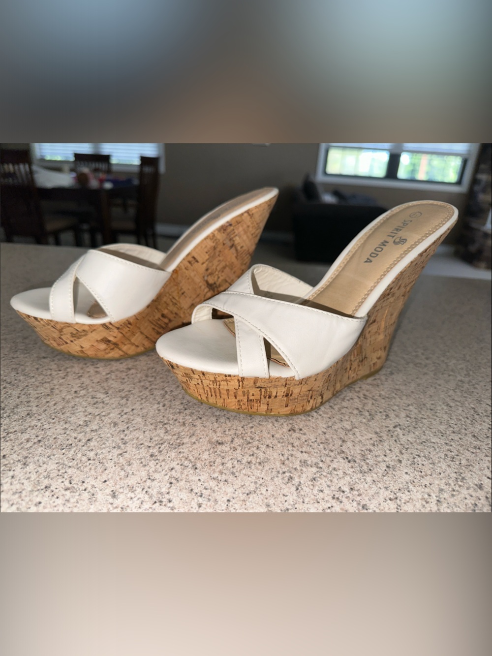Spirit Moda White Cork Wedge Slide Sandals
